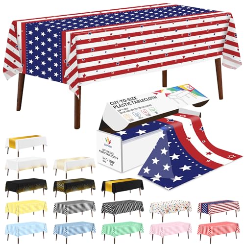 CXPSINC 54 Inch X 100 Feet 4th of July Patriotic Plastic Table Cover Roll Disposable American Flag Tablecloth with Slide Cutter for Veterans Day, Patriotic, Memorial, Fourth of July, Independence