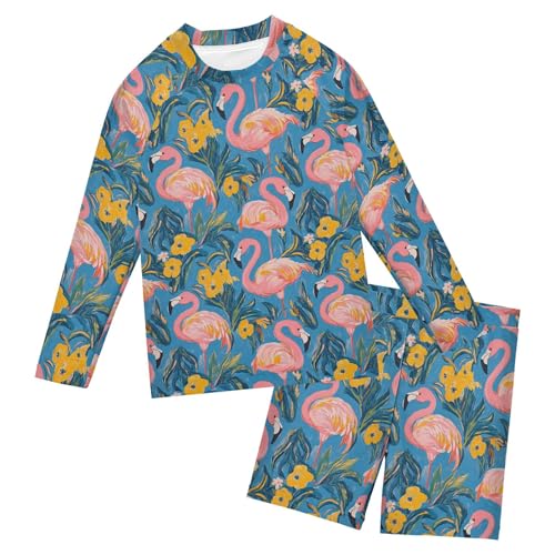 Pink Flamingo Boys Rash Guard Swimsuits Set for Boys Long Sleeve Swim Shirts Bathing Suits with Trunks B0404330