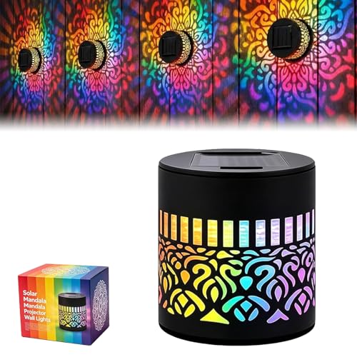 Solar Mandala Wall Lights Mandala Solar Projector Light Outdoor SevenColor Changing Waterproof Metal Fence Light Solar Powered Decorative Garden Lamp for Patio Yard Backyard Post (1pc)