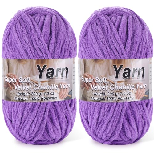 Image of 2 * 200g /7oz Chunky Chenille Yarn for Baby Blanket Yarn for Crocheting - Super Soft Chenille Plush Yarn - Bulk Thick Yarns Used for Making Scarves, Blankets, DIY Craft (Lavender)