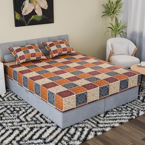 Image of Kuber Industries Cotton 150 TC Double Bedsheet With 2 Pillow Covers | Machine Washable Soft Bedsheet For Living Room, Home & Hotels | Rangoli Design - Brown & Black