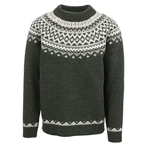 ICEWEAR Skjaldbreiður Wollpullover mit isländischem Muster (Dunkelgrün, L)