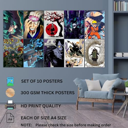 Image of Paper Anime Posters, Set of 10 Mix Anime posters for wall, Self Adhesive, A4 Size |Anime Posters For Gaming Room, Various Anime characters