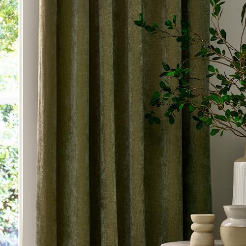 furn. Yard Heavy Chenille Pencil Pleat Curtain Pair – Lined Room Darkening Soft Velvet Curtains (Olive - Width 117 x Drop 137cm) - Image 3