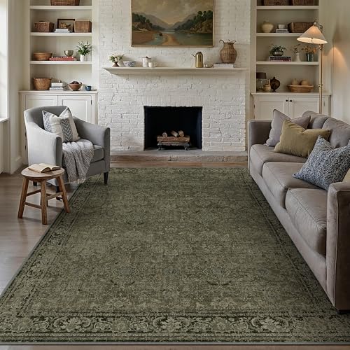 PureCozy Vintage Area Rug 9x12 Beige Washable Living Room Large Carpet Non Slip Bedroom Indoor Office Low Pile Traditional Distressed Retro Accent Rug for Dining Room 9' x 12' (Rectangular)