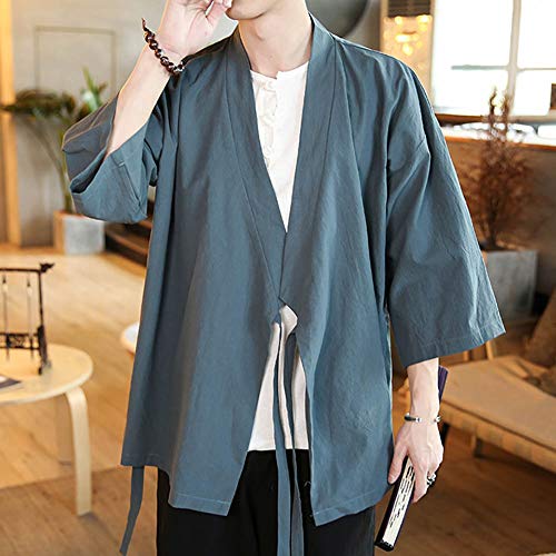 Image of Men's Chinese Style Linen Cardigan Jacket loose kimono Jacket Solid Color Self-tie Hanfu Traditional Clothing