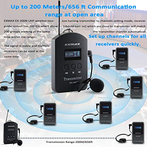 Exmax Ex-200N Uhf Wireless Tour Guide System Church Translation Equipment 200 Channels For Firing Range Training, Cathedral, Cultural Trips - 2 Transmitters & 30 Receivers & 32-Slot Charge Case #TOP3