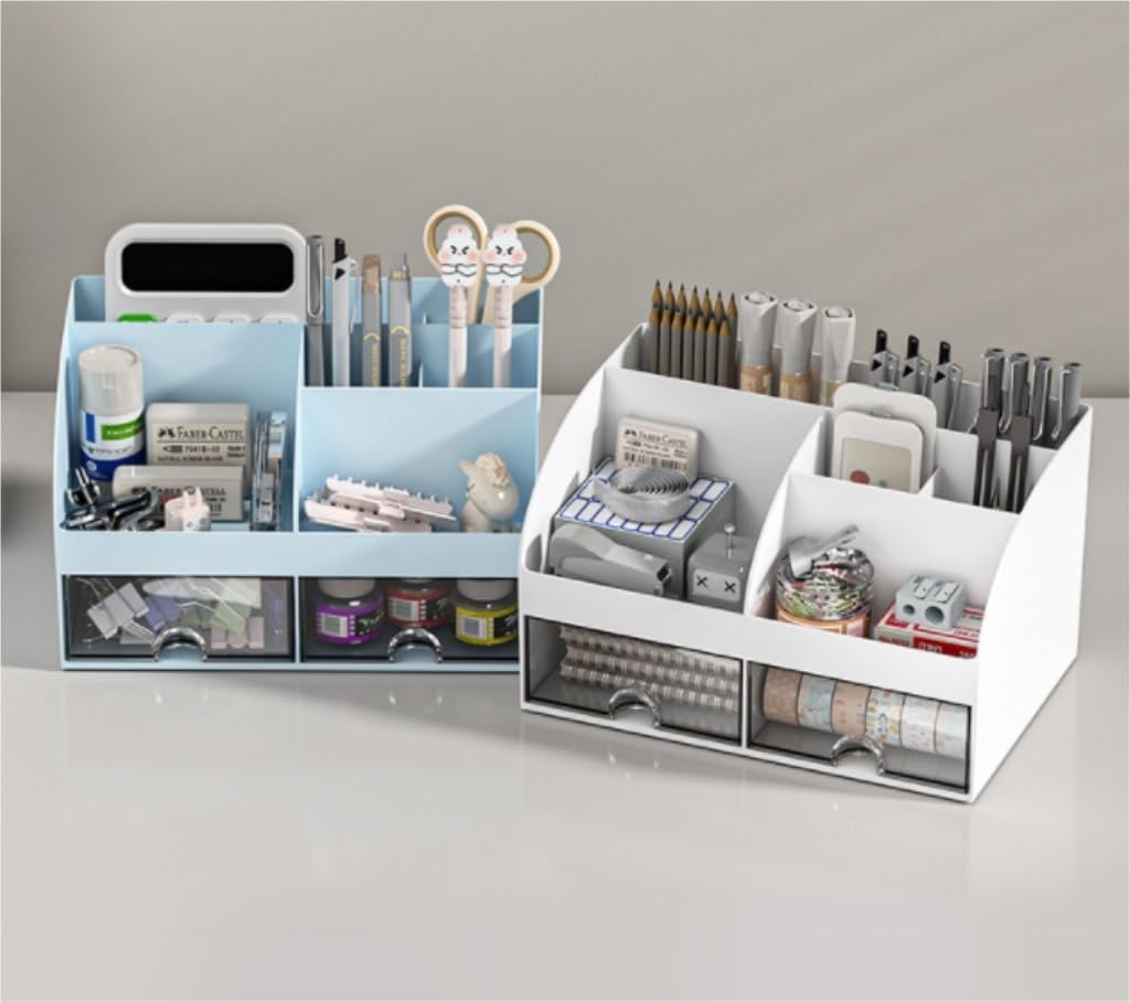 Organizzatore Scrivania Organizer da Scrivania E Accessori con 6 Scomparti 2 Cassetti Portapenne in Plastica per per Trucchi Ufficio(A)