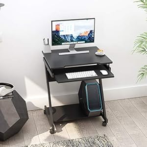 soges Schreibtisch Kleiner Computertisch Laptoptisch PC Tisch Z-Form mit Rollen und 2 Bremsen, Tastaturablage und CPU Ständer, 60 cm x 48 cm x 73 cm