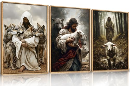 Image of KAIRNE Jesus Lost Lamb Framed Canvas Wall Art Set,Vintage Shepherd Protect a Lamb from Wolves Wall Decor,Retro Religious Bible Faith Artwork for Living Room,Bedroom,Church-24 x36 x3