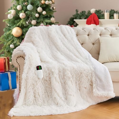 Rujipo Heated Electric Blanket Faux Fur Throw Size With Fluffy Sherpa Back cover