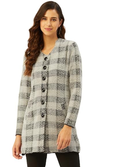 Image of Pivl Acrylic Blend Women Grey Button Closure Long V-Neck Sweater for Winter Large