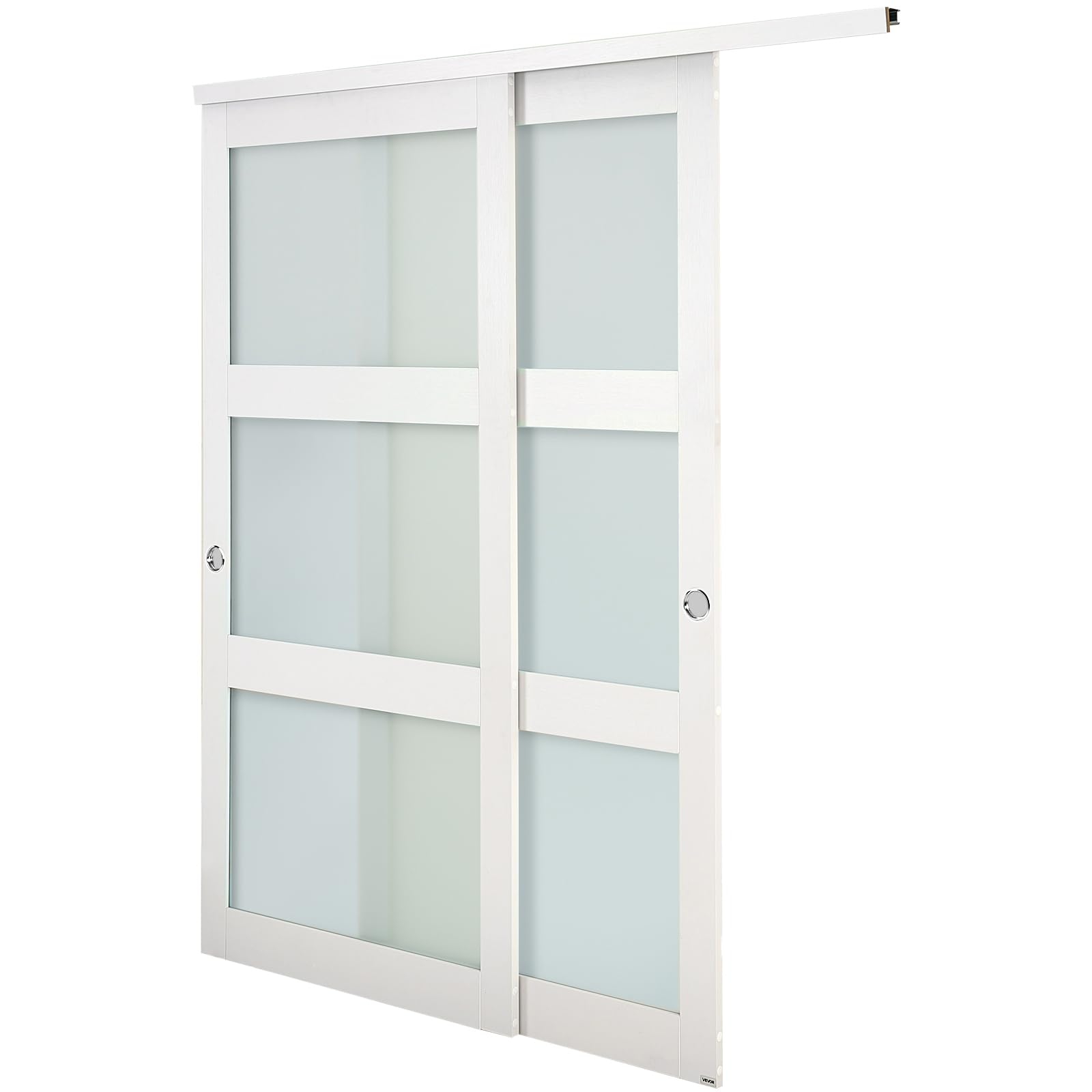 VEVOR Puerta Corrediza de Armario, para Huecos de 1829 x 2032 mm, Puerta Doble de 3 Paneles de Vidrio Esmerilado con Kit de Herrajes, Madera Maciza y MDF, Superficie de PVC Impermeable, Blanco