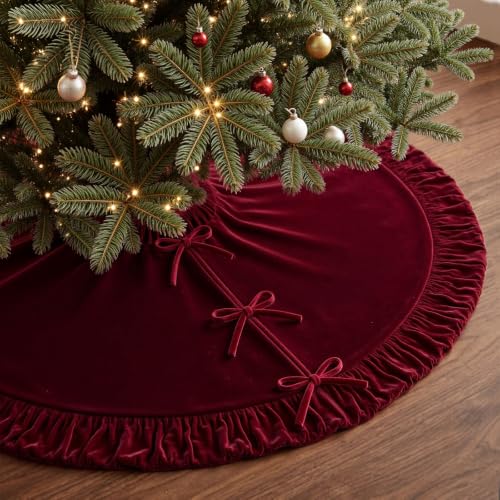 VEILS Large Christmas Tree Skirt, Velvet Burgundy Tree Skirts with Center Pleats and Plush Tie Closures for Christmas Party Favors Decor(60") - image 1