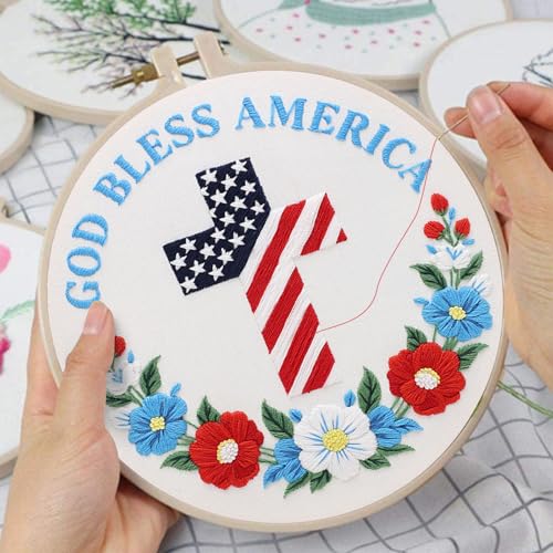 Image of Louise Maelys Embroidery Kit for Beginners, Cross Stitch Kits with Adults, DIY Needlepoint Kit with Christian Cross and Stars and Stripes Pattern, Including Cloth, Hoop, Instructions and Threads