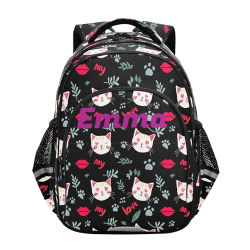 RPLIFE Mochila negra personalizada con caras de gato, 15 pulgadas, mochila escolar primaria para niñas, Lindas caras de gato, color negro, S, Mochilas Tradicionales
