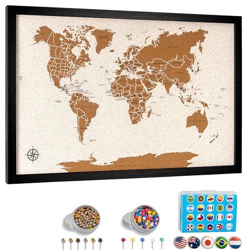 World Map Pin Board Medium 21'x14' Framed | White Ocean Cork Wall Map with 300 Push Pins | Country...