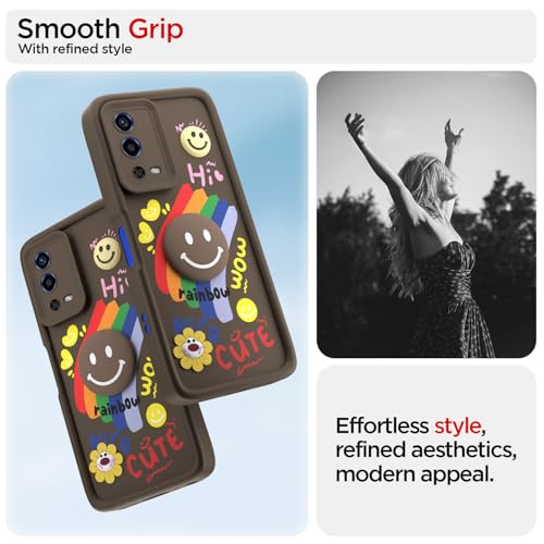 Image of Pikkme Back Cover for Oppo A55 | Soft Silicone| Cute Rainbow Smile & 3D Cartoon Flower Design | Shockproof Raised Camera Protection Bumper Case (Brown)
