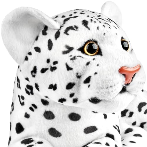 BRUBAKER Leopard Kuscheltier - 30 cm Stofftier - Baby Plüschtier Raubkatze Liegend - Kinder Plüsch Spielzeug - Weiß