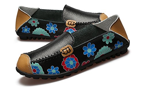 VenusCelia Women's Floral Comfort Walking Flats Loafer(9 M US,BiFl-Black)