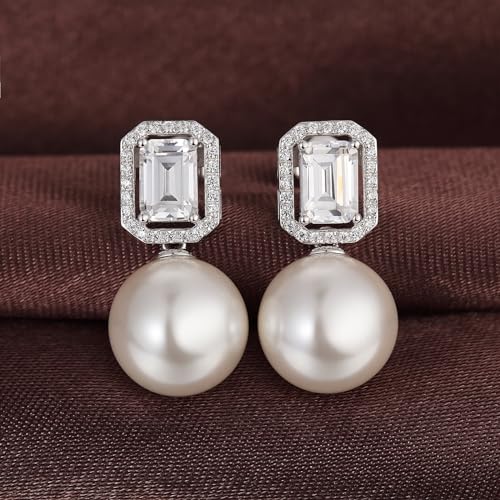 Elegant Pearl Stud Earrings for Women, 925 Sterling Silver & 18K White Gold Plated Cubic Zirconia CZ Large Pearl Earring Jewelry 12MM3