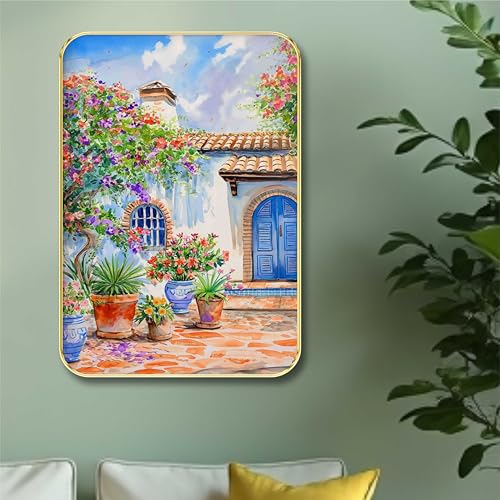Livin'luxe Mediterranean Courtyard Wall Art with Golden Frame | Floral Pots & Blue Door Painting for Living Room, Entryway, Balcony | Vibrant Framed Spanish Villa Print (13 x 19 Inch) MG01-27