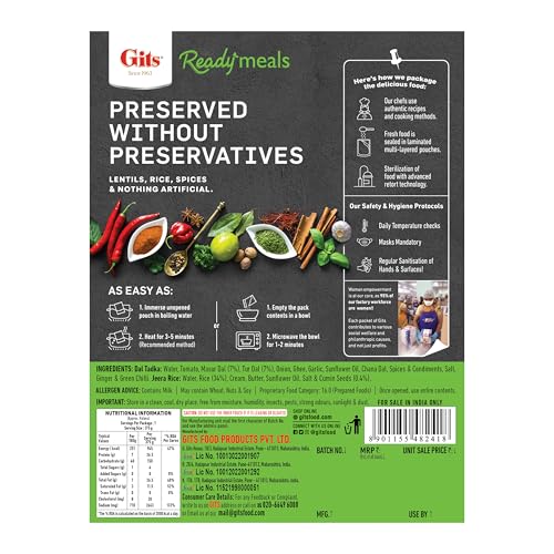 Image of Gits Ready to Eat Jeera Rice + Dal Tadka Combo Indian Meal, Pure Veg Heat and Eat, 1125g (Pack of 9 X 375g Each)