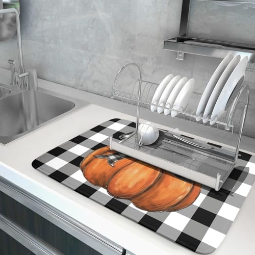 Lvhompro DDM99 Fall Dish Drying Mat For Kitchen Counter Black White Buffalo Check Pumpkin Thanksgiving Harvest Absorbent Reversible Microfiber Kitchen Countertop Protector Dishes Pad Large 18X24 Inch thumb #4