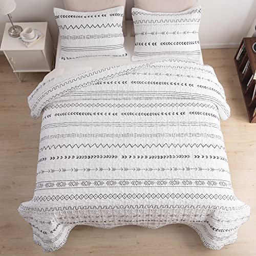 Durlengen White Quilt Set Queen Size 3Pcs,Bohemian Design With White & Black Geometric Pattern Printed On White, All Season Lightweight Coverlet Sets(Queen 90X96,Boho White) #TOP1
