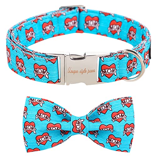 Unique style paws Valentine's Day Dog Collar with Bow Tie Blue Heart Puppy Collar Best Gift for Small Medium Large Boys Girls-M