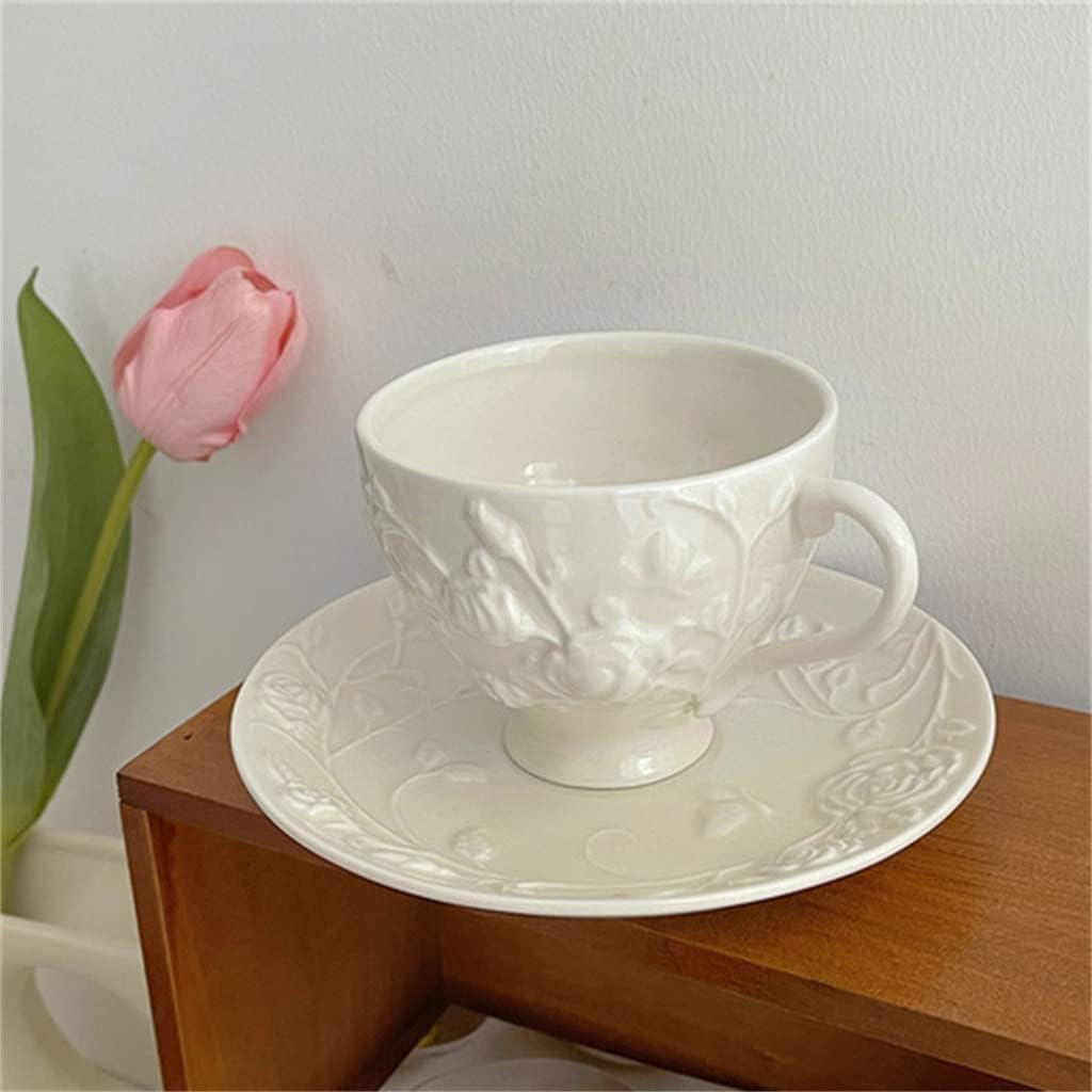 Rose Coffee Cup and Saucer Set High-end Retro Embossed Ceramic Plate Afternoon Tea