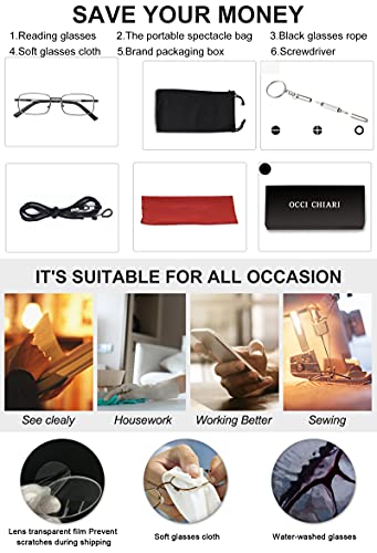Image of OCCI CHIARI Rectangle Metal Frame Reading Glasses for Men Blue Light Blocking Readers