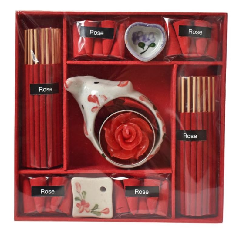 Rose Scented Incense & Candle Gift Set with Elephant-Shaped T-Lig...