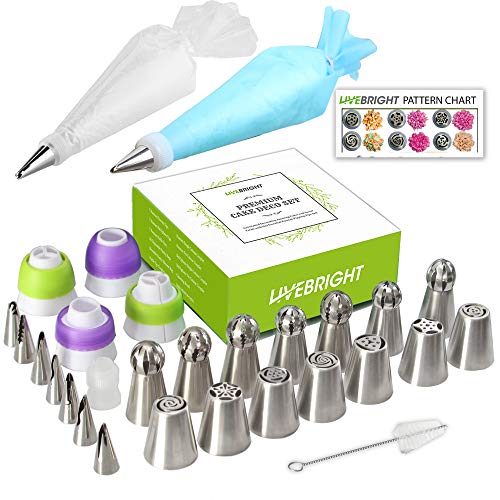 Russian Pipping Tips Set | 49 Pcs Cake Decorating Supplies Kit | 7 Russian Flower & 7 Ball Sphere & 7 Ruffle Icing Tips Nozzles Set | 21 Pastry Bag | 3 Single & 2 Tricolor Couplers | Guide | Gift Box
