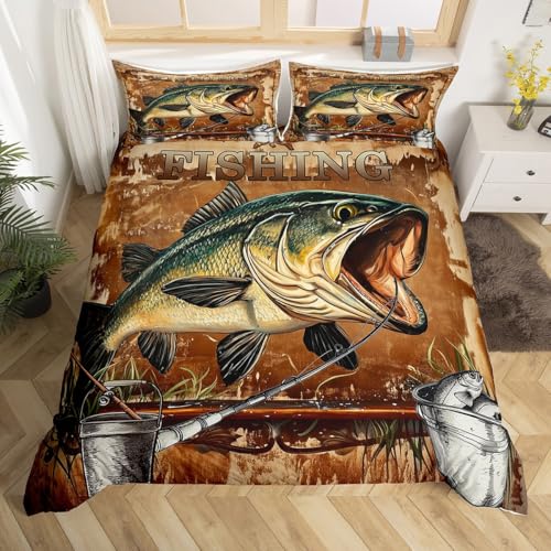 Big Fish Duvet Cover Queen Size for Kids Boys Teens,Hunting and Fishing 3 Pieces Duvet Cover,Green Vintage Wooden Print Soft Comforter Cover (Not Comforter),Underwater Animals Quilt Cover