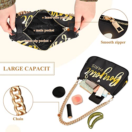 OTVEE Bonjour Paris Golden Black Shoulder Bags for Women Small Handbags Mini Clutch Purse4