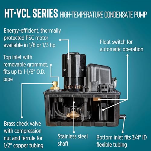 Image of Little Giant HT-VCL-60-P 1 /3 HP, 115-Volt, 575 GPH, 62-Ft. Shutoff, High Temperature Plenum Condensate Pump with 14-Ft. Lead Wires, Black, 553160101