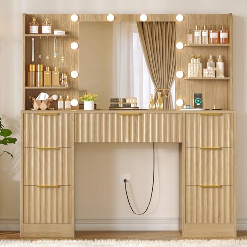 Image of Quimoo Fluted Vanity Desk with Mirror and Adjustable LED Lights & Power Outlet, Makeup Vanity Desk with 7 Drawers,4 Shelves and 5 Hooks, Vanity for Girls, Natural Oak
