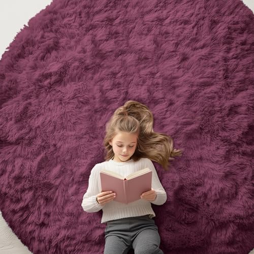 OLANLY Burgundy Round Rugs for Bedroom - Machine Washable, 7 ft Circle Area Rugs for Living Room, Soft and Fluffy Shaggy Carpet for Teen Girls and Boys, Nursery Rooms, Dorms, Home Decor Aesthetic