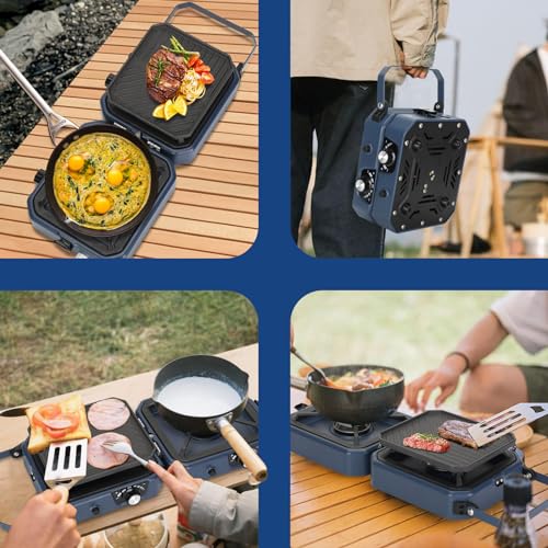 Upgraded 2 Burner Folding Camping Stove with Griddle, Portable Camp Gas
