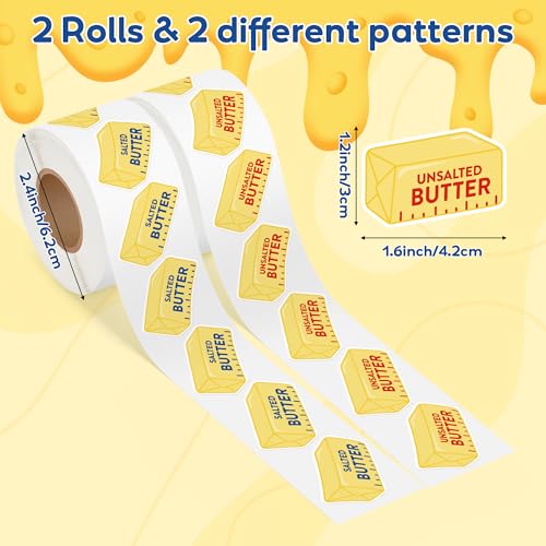 Image of Funny Butter Sticker Roll - 2 Rolls Salted Unsalted Butter Design Waterproof Vinyl Self Adhesive with Clear Printing for Laptop Water Bottle Scrapbook Kitchen Decor Food Lover Craft Gift