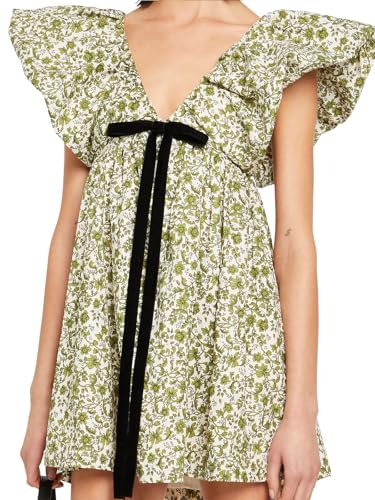 hibshaby Women's Floral Print Mini Dress V Neck Puff Sleeve Dress Short Babydoll Bow Dress4