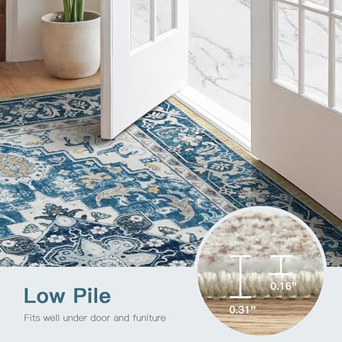 Lofus 8x10 Area Rugs for Living Room, Washable Area Rug, Rugs for Bedroom, Kitchen, Vintage Boho Carpet, Soft Non-Slip, Low Pile Large Area Rug for Office Dining Room, Floral Light Blue