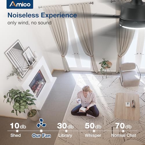 Image of Amico 62 Inch Ceiling Fans with Lights and Remote, Black Indoor /Outdoor Ceiling Fan with 6 Speed, Reversible DC Motor, 3CCT, Dimmable, Noiseless modern ceiling fan for Bedroom, Living Room, Patio