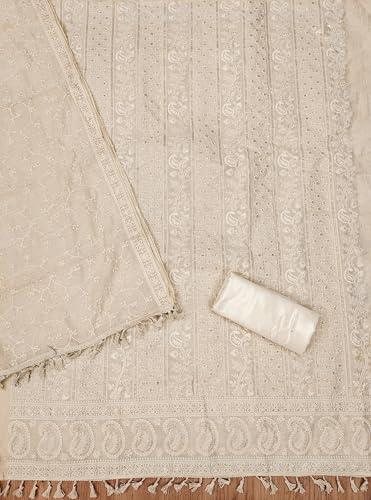 Image of Pandadi Saree Women's Elegant Lucknowi Work with Modal Cotton Chanderi and Embroidered Dupatta Unstitched Dress Material