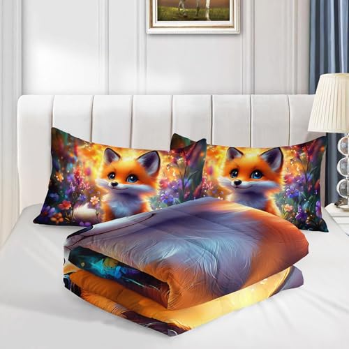 Image of AILONEN Kawaii Fox Comforter Set,Cartoon Fox Bedding Set Full Size for Kids Girls Boys,Cute Animal and Plants Flowers Duvet Set,3-Piece,1 Quilt + 2 Pillowcases,Soft Breathable