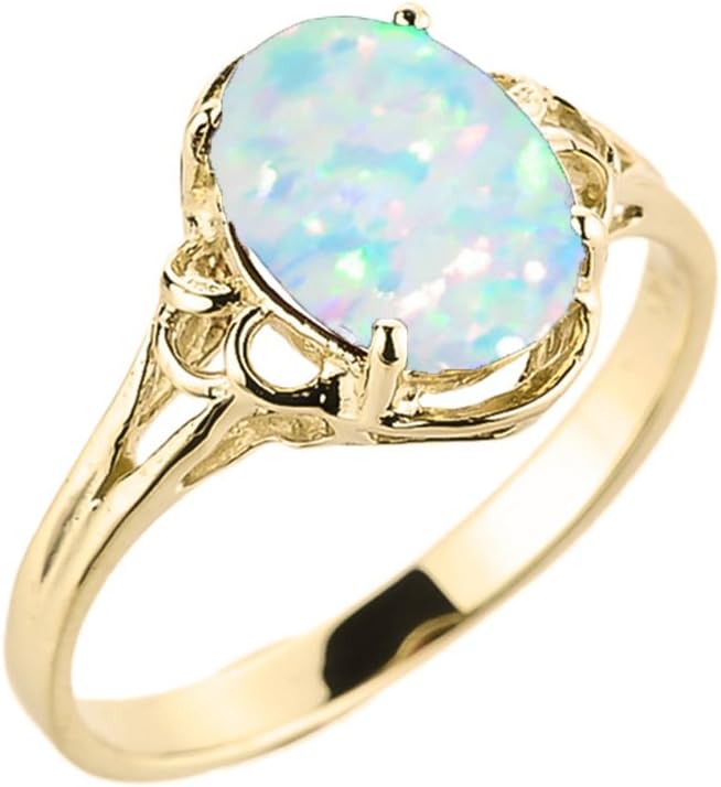 Modern Contemporary Rings 14K Yellow Gold October Birthstone Lab Grown Oval Opal Gemstone Solitaire Ring - Size 9