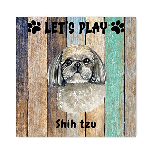 Panneau mural en bois Shih Tzu Let's Play 30x30 cm pour décoration