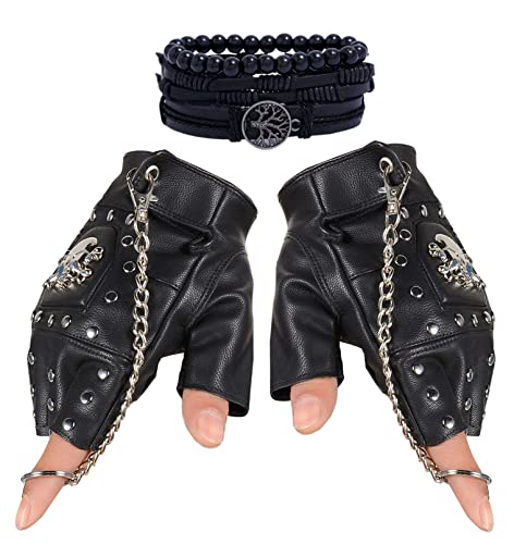 Coolwife Steampunk Gothic Gloves Mens Vintage Geuuine Leather Captain Fingerless Mittens (Ring Black + Tree Bracelet)