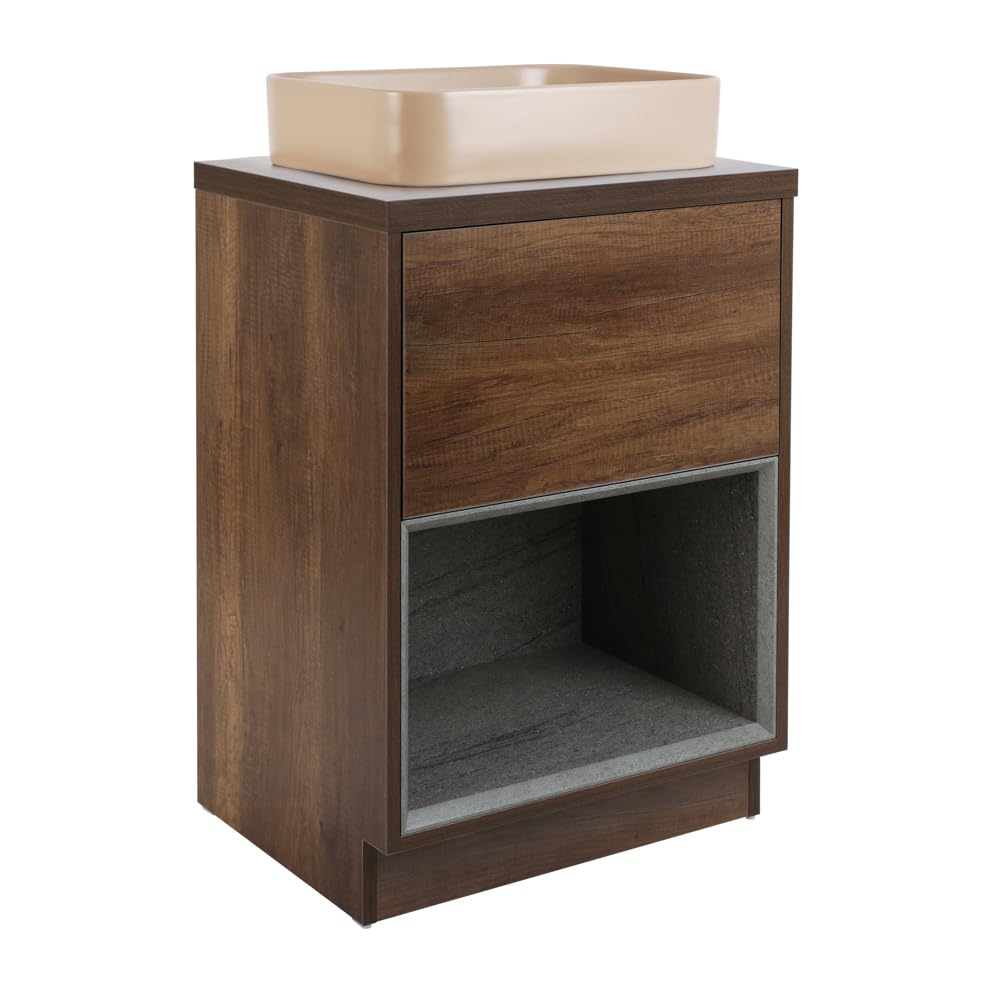 Milano Bexley Dark Oak 600mm Bathroom Vanity Unit Rectangular Sand Countertop Basin